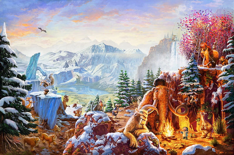 Ice Age, snow, mountains, painting, tiger, artwork, mammoth, animals, HD wallpaper