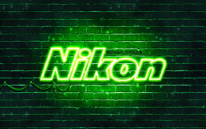 Nikon green logo green brickwall, Nikon logo, brands, Nikon neon logo, Nikon, HD wallpaper