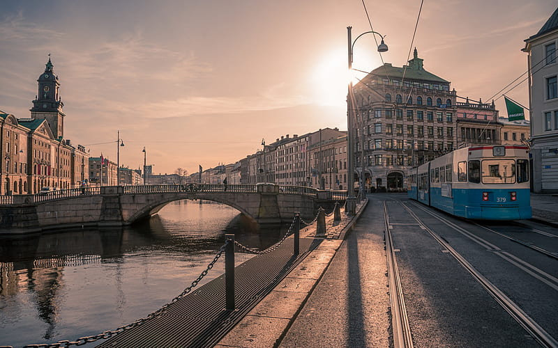 Gothenburg, evening, sunset, bridge, embankment, blue tram, Gothenburg cityscape, Sweden, HD wallpaper