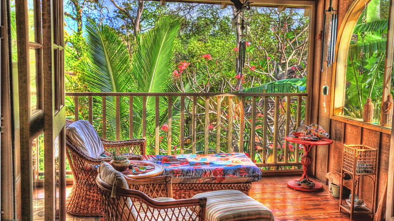 relaxing porch in the tropics r, lounge, porch, chimes, jungle, r, HD wallpaper