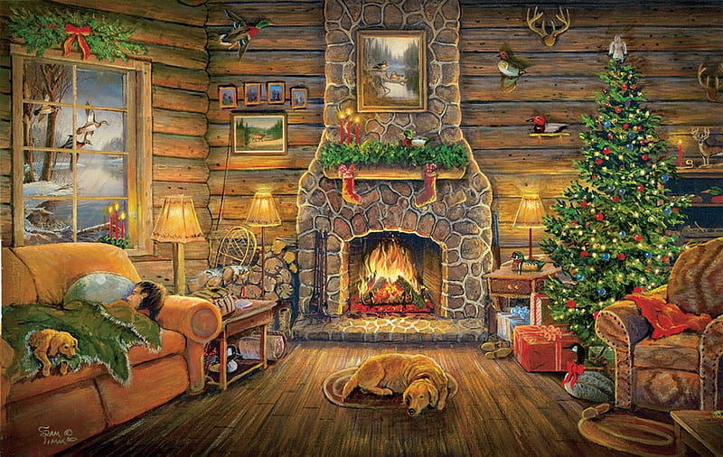 :), tree, sleep, craciun, christmas, room, pictura, dog, art, fire, painting, HD wallpaper
