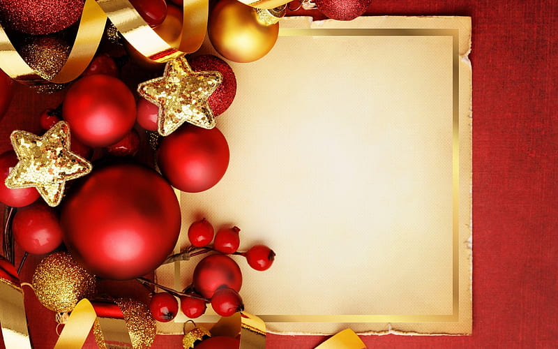 Merry Christmas!, globe, red, deco, christmas, golden, ribbon, yellow, card, bal, paper, HD wallpaper