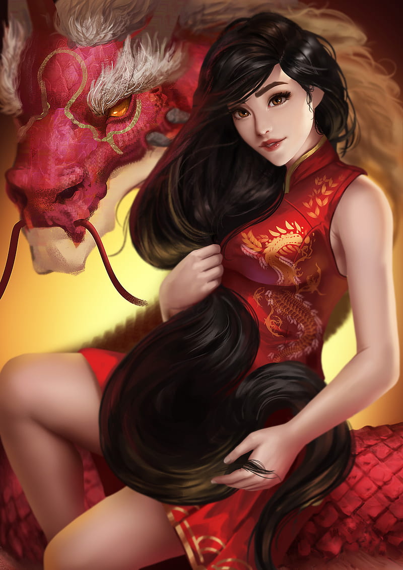 artwork, Asian, women, fantasy art, fantasy girl, dragon, creature, dark hair, long hair, dress, red dress, HD phone wallpaper