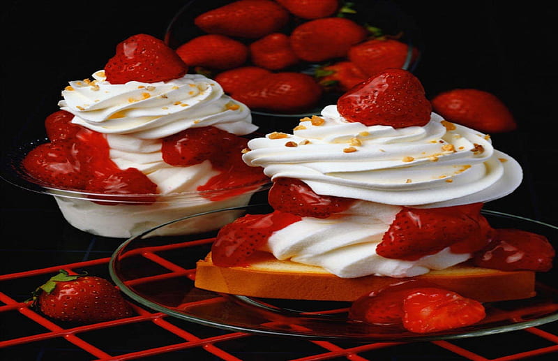 Strawberry Cream Topped Dessert, red, wafer, strawberry, abstract, sweet, dessert, fruit, bakery, white, cream, HD wallpaper