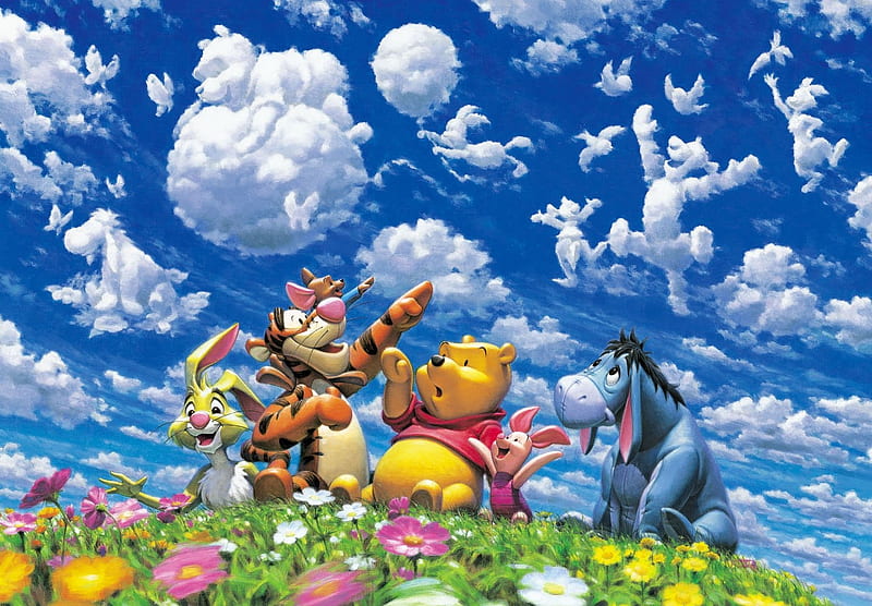 Winnie the Pooh and friends, bear, blue, disney, friend, cloud, sky, winnie the pooh, vara, fantasy, urs, summer, child, HD wallpaper