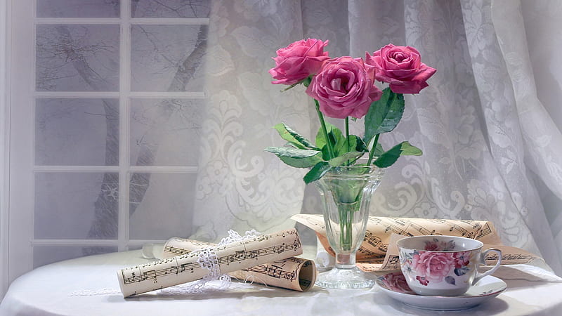 Pink Roses And Tea Cup On Table Pink, HD wallpaper
