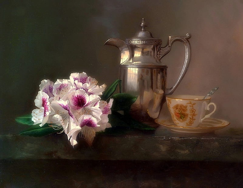 'Morning Coffee in Classic', pretty, draw and paint, lovely, colors, love four seasons, bonito, creative pre-made, still life, paintings, coffee, cup, flowers, nature, morning, kettle, classic, HD wallpaper