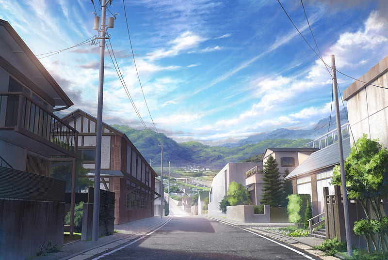 anime street, buildings, clouds, scenic, Anime, HD wallpaper