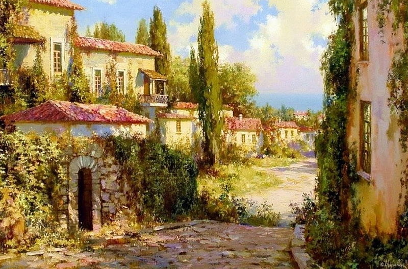 Tuscan Houses, painting, cobblestone, path, village, trees, artwork, HD wallpaper