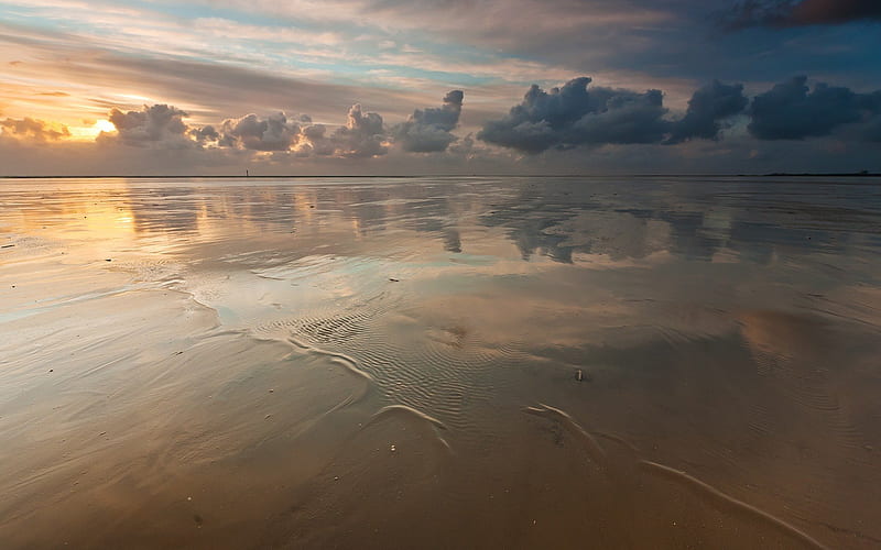 huge beach at low tide, beach, sunset, clouds, sea, low tide, HD wallpaper