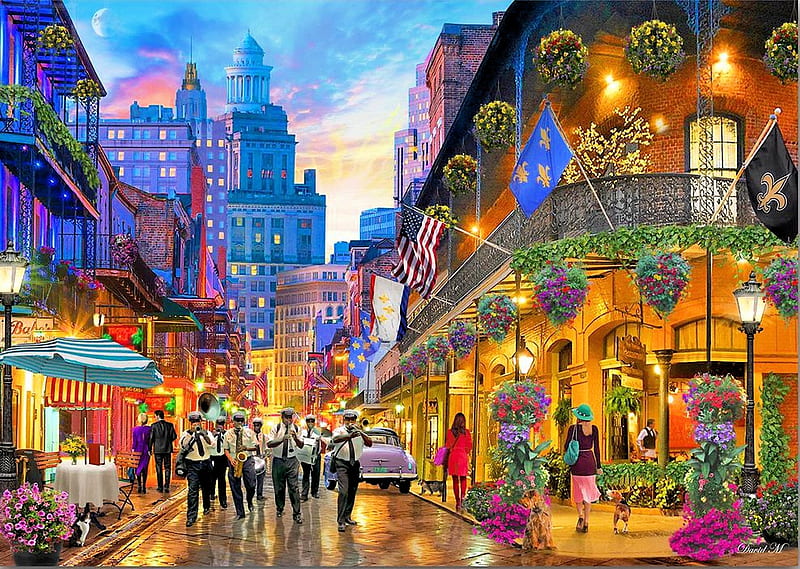 The Big Easy - New Orleans, houses, buildings, people, colors, lights, street, musicians, artwork, city, flowers, digital, HD wallpaper