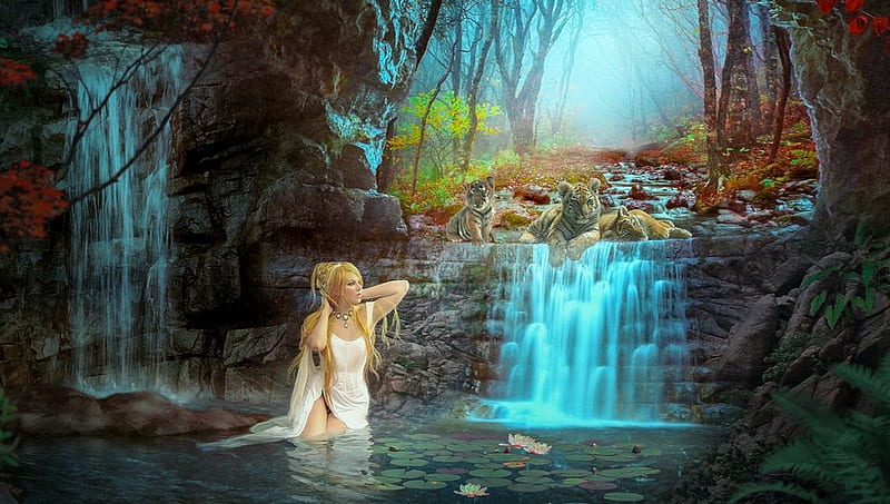 Fantasy girl in Water Pool, water, enchanting, fantasy land, Fantasy girl, waterfall, bathing, Tigers, outdoors, magical, HD wallpaper