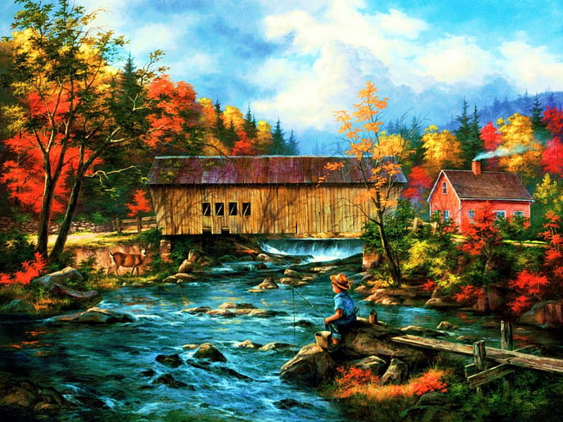 Tunbridge, Vermont, autumn, stones, covered bridge, painting, river, fisher, trees, artwork, HD wallpaper