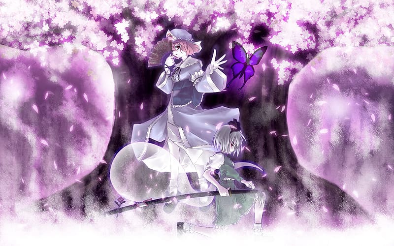 Anime, Butterfly, Purple, Touhou, Youmu Konpaku, Yuyuko Saigyouji, Myon