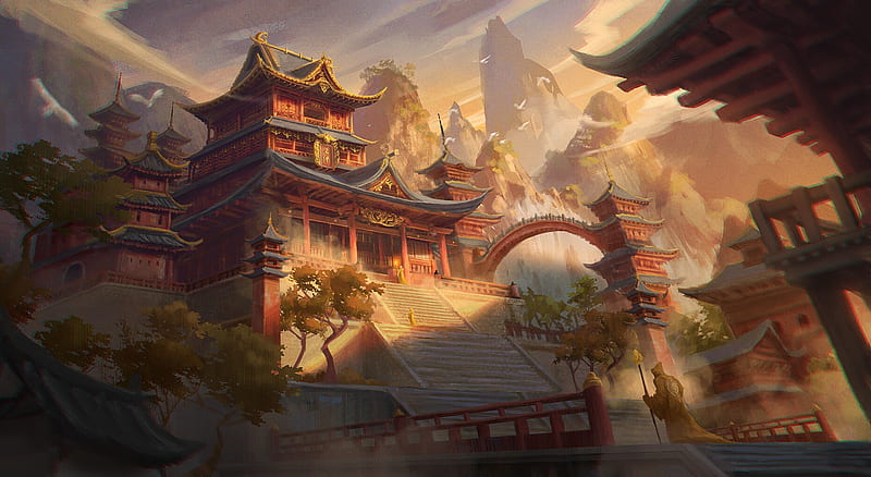 Temple, shusei sasaya, fantasy, luminos, HD wallpaper