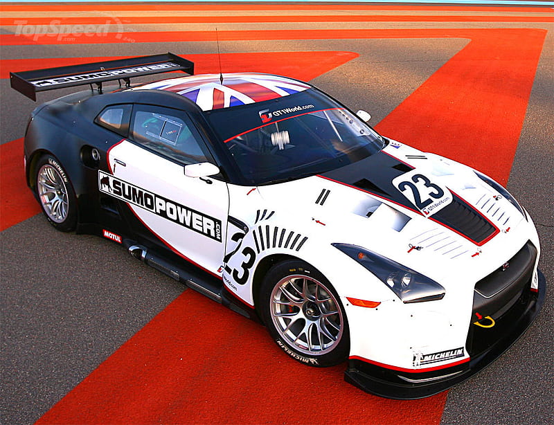 nissan gtr race car, front engine, union jack, black, silver alloys, two seater, white, race track, HD wallpaper