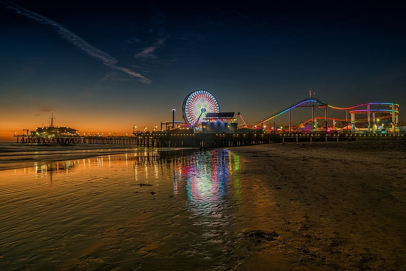 Night, Beach, Sand, Pier, Ferris Wheel, Los Angeles, Amusement Park, , Santa Monica Pier, Amusement Parks, HD wallpaper