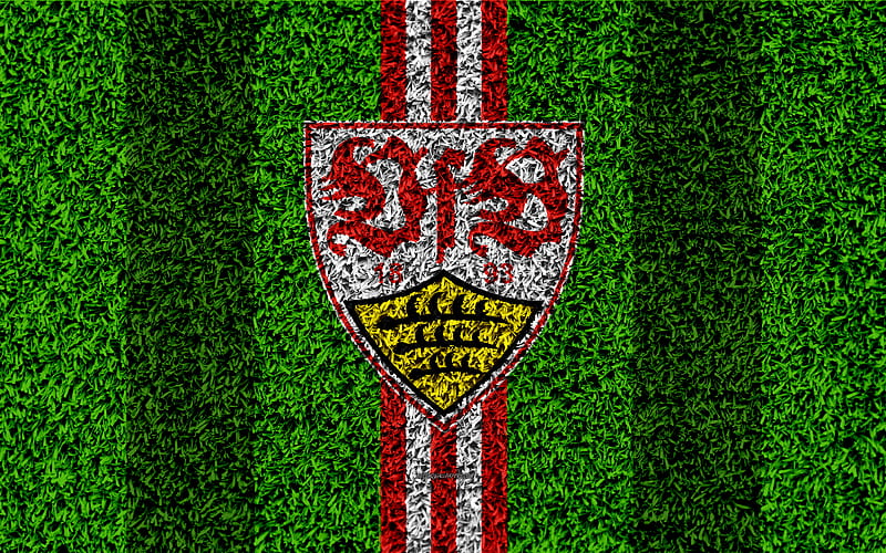 VfB Stuttgart German football club, football lawn, logo, red white lines, emblem, grass texture, Bundesliga, Stuttgart, Germany, football, Stuttgart fc, HD wallpaper