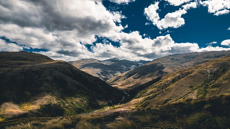 Rolling hills and white clouds, Otago New Zealand, landscape, trees, sky, rocks, HD wallpaper