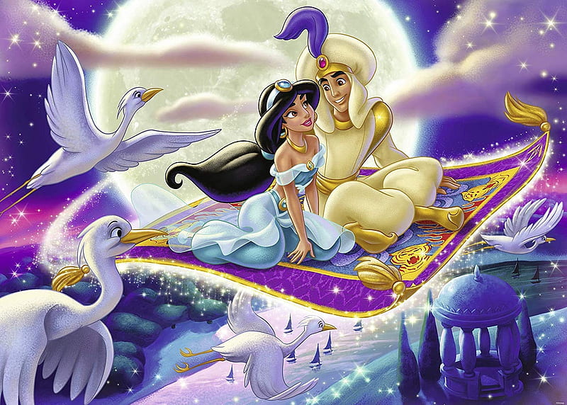 Aladdin, movie, jasmine, flying carpet, fantasy, moon, bird, purple, girl, pasari, princess, night, disney, couple, HD wallpaper