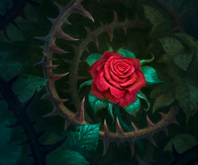 Rose, red, thorns, art, fantasy, green, konstantin turovec, trandafir, HD wallpaper
