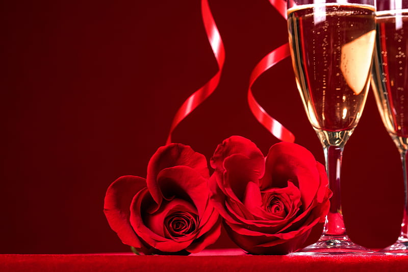 Red Roses and champagne, Ribbon, Drinks, Roses, Holiday, New year, HD wallpaper