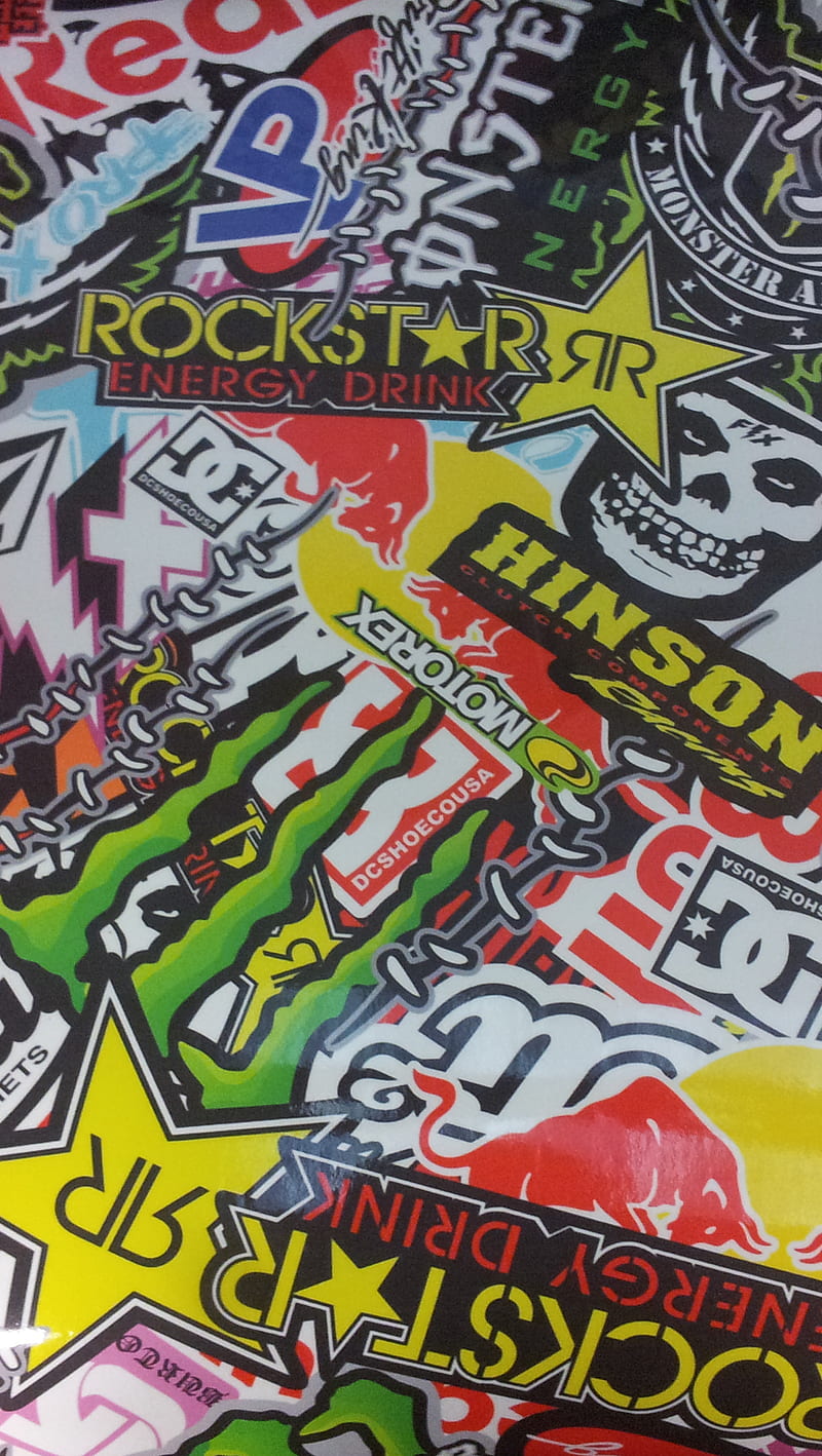 StickerBomb, dc, monster, obey, red bull, rockstar, sticker, HD phone wallpaper