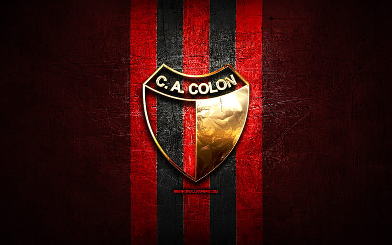 Colon FC, golden logo, Argentine Primera Division, red metal background, football, Colon Santa FE, argentinian football club, Colon logo, soccer, Argentina, Club Atletico Colon, CA Colon, HD wallpaper