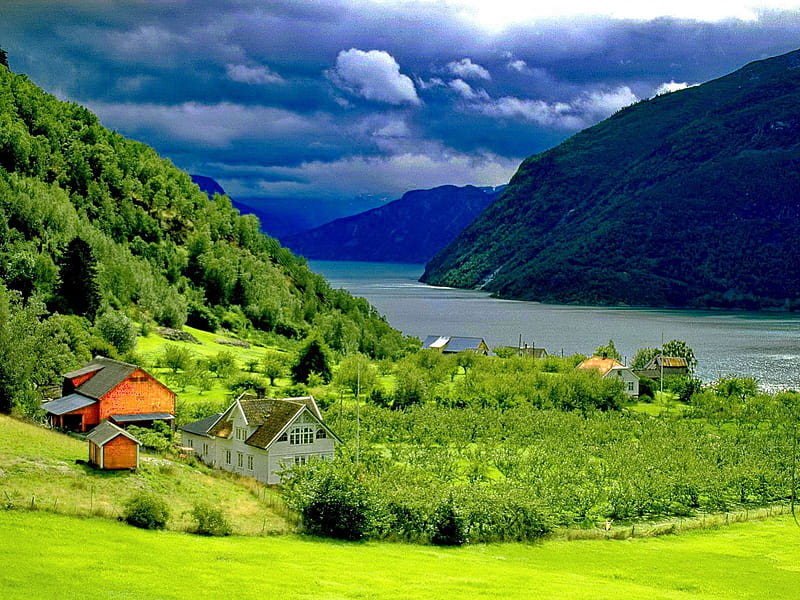 Houses near the mountain river, riverbank, shore, slopes, grass, cottage, sunny, cabin, bonito, clouds, nice, green, village, river, lovely, houses, sky, lake, summer, nature, lakeshore, HD wallpaper