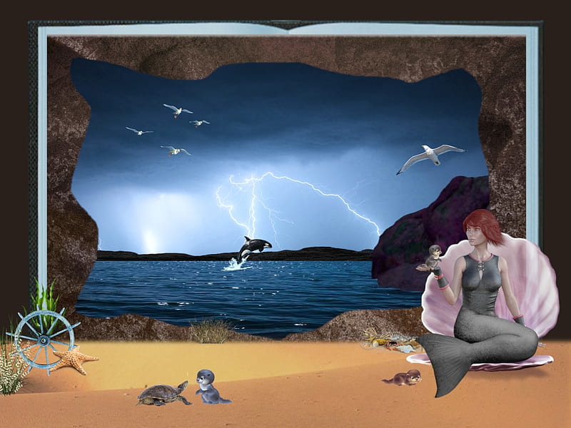 Baby Otters & Mermaid, Sand, Orca, Coral, Enchanted, Ocean, beach, book, Outside, Nature, otters, fantasy, Outdoors, Collage, Blue, Night, Abstract Digital, Moonlight, Mermaid, Hole in a Wall, storm, Water, Nighttime, baby otters, Moon, Hole in a Brick Wall, Rocks, Manipulation, Make Believe, Turtle, HD wallpaper