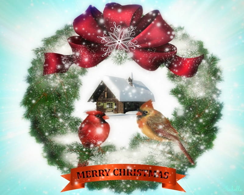 Merry Christmas , Christmas, Wreath, Greetings, Merry, Birds, Winter, Decoration, Snow, Season, House, HD wallpaper