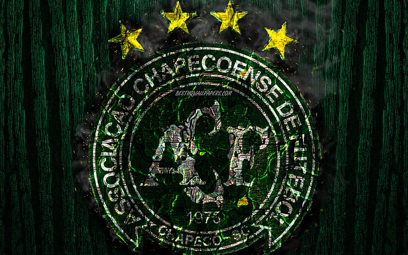 Chapecoense FC, scorched logo, Brazilian Seria A, green wooden background, brazilian football club, Chapecoense SC, grunge, football, soccer, Chapecoense logo, fire texture, Brazil, HD wallpaper