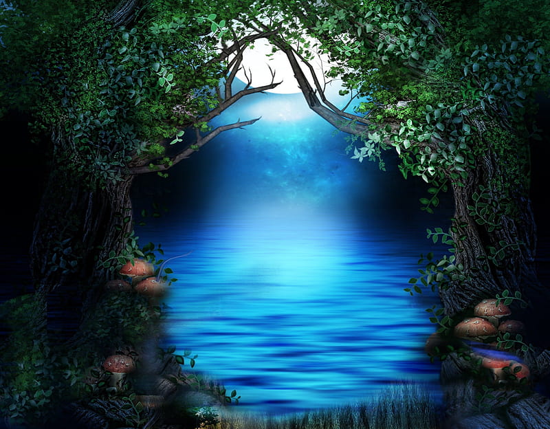 ✼Magnificent of Blue Pond✼, rocks, splendid, grass, woods, mushroom, attractions in dreams, bonito, premade bg, moon, stock , wild, flowers, vines, forests, magnificent, resources, animals, blue, night, colors, love four seasons, creative pre-made, trees, pond, water, cool, plants, backgrounds, ivy, HD wallpaper