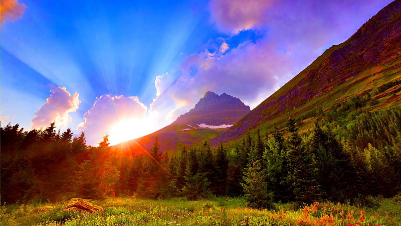 BEAUTIFUL SUNRISE, mountain, mornimg, sunrise, sky, field, HD wallpaper