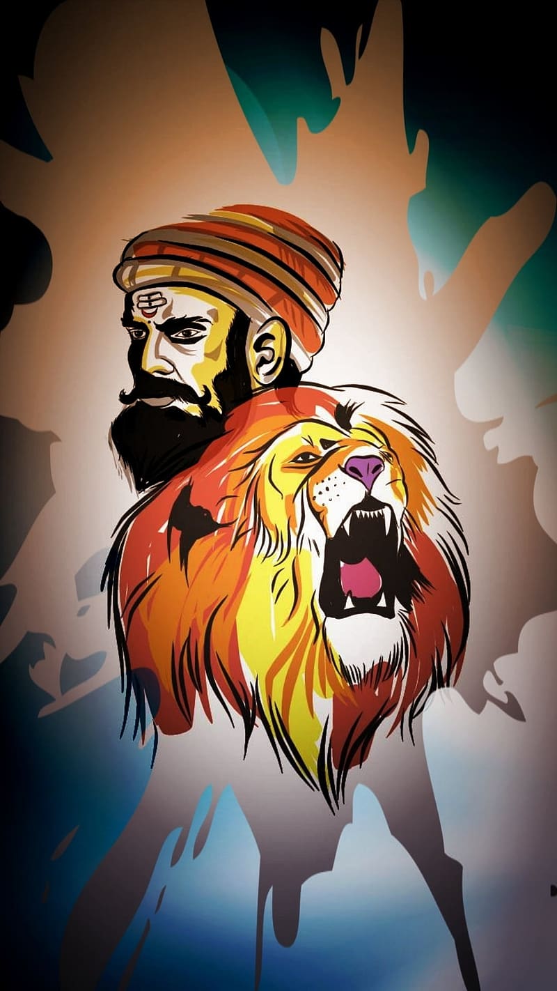 Shivaji Maharaj Art With Lion, shivaji maharaj , art, lion, roar, HD phone wallpaper