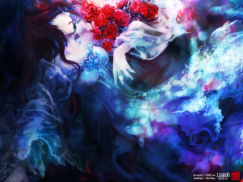 Flowery dream, lovely, dress, girl, anime, flowers, HD wallpaper