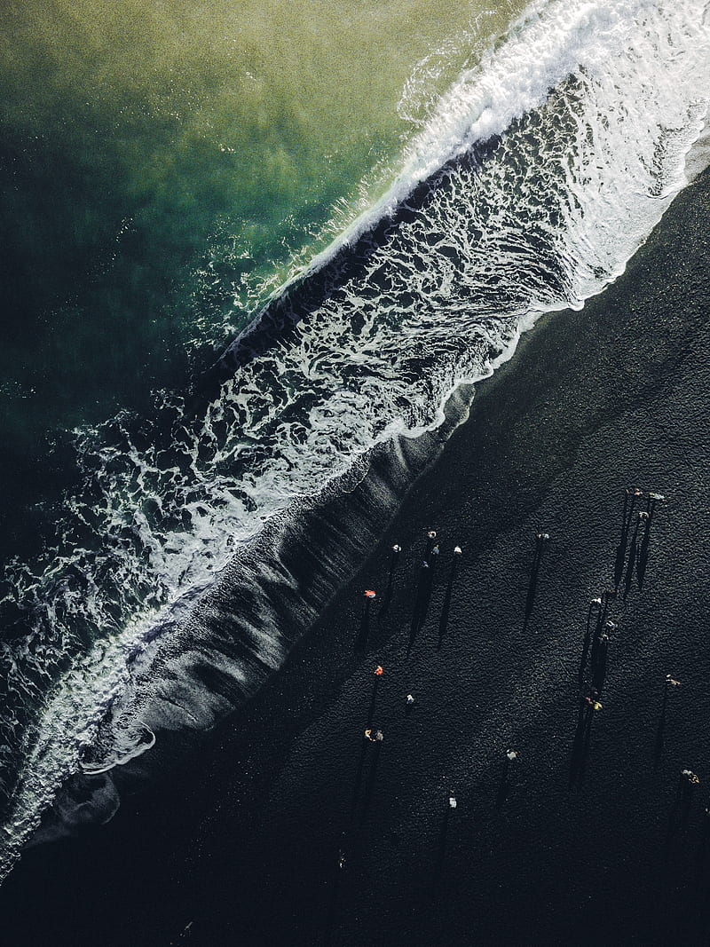 ocean, aerial view, wave, surf, shore, iceland, HD phone wallpaper