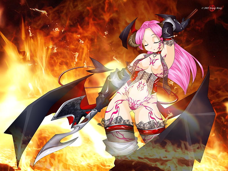 Demon, fire, wings, girl, anime, burning, pink hair, sexy, HD wallpaper