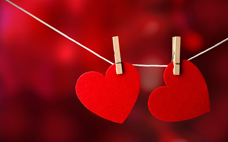 red hearts, dark red background, hearts on clothespins, background with hearts, romance, Valentines Day, HD wallpaper