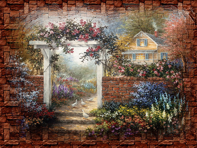 Rose Arbor F+Cmp, art, rose, boehme, nicky boehme, ducks, arbor, floral, painting, flower, garden, scenery, landscape, HD wallpaper