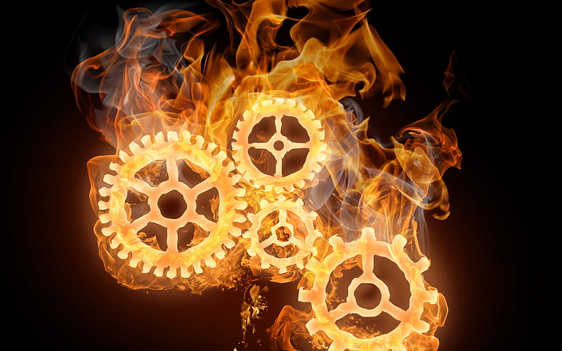 gears, fire, flame, art, cogwheels, HD wallpaper