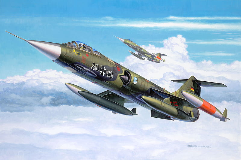 F-104 Starfighter, art, german, starfighter, fighter, airplane, plane, antique, lockheed, f-104, drawing, painting, f104, military, classic, jet, star, HD wallpaper