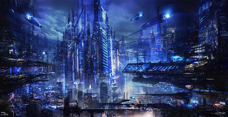 futuristic city, spaceship, skyscrapers, cyberpunk, sci-fi, Fantasy, HD wallpaper