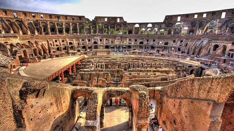 inside the colosseum, visitors, ruins, colosseum, ancient, HD wallpaper