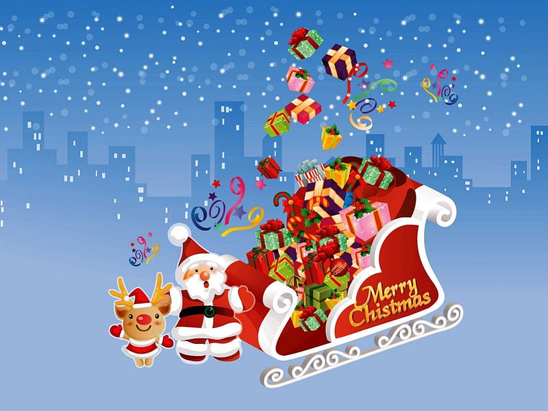 Merry Christmas, pretty, christmas, holiday, bonito, new year, snowman, winter, nice, snowflakes, deers, sledge, blue, HD wallpaper