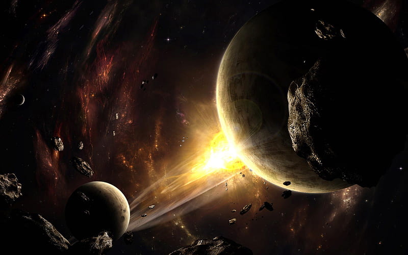 Space Collision, planets, nebula, space, galaxies, asteroids, HD wallpaper