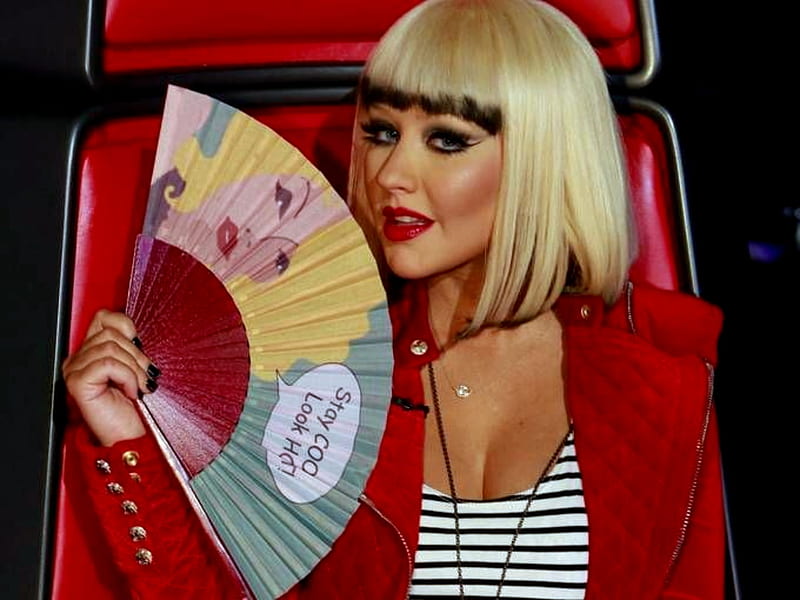 Christina Aguilera, TV Series, Red, Blonde, Fan, Singer, Hand, HD wallpaper