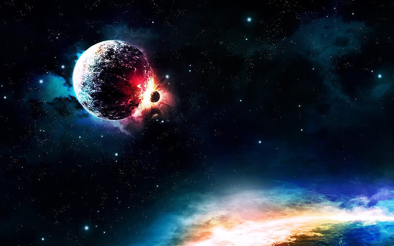 clash of planets, apocalypse, galaxy, explosion, planet, HD wallpaper