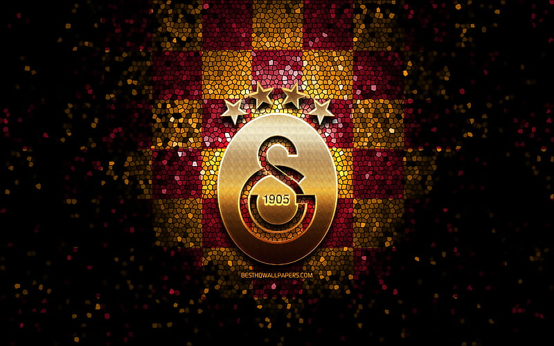 Galatasaray FC, glitter logo, Turkish Super League, purple yellow checkered background, soccer, Galatasaray SK, turkish football club, Galatasaray logo, mosaic art, football, Turkey, HD wallpaper