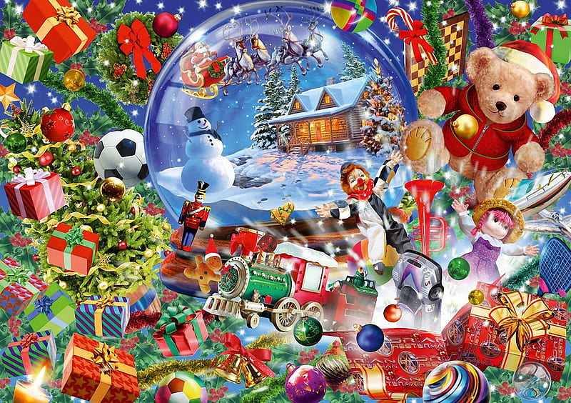 Christmas Collage, teddybear, cottage, snow, snowman, parcels, toys, christmas bulbs, HD wallpaper